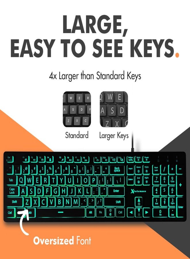X9 Performance Large Key Keyboard and Mouse Combo - Easy to See 4X Oversize Letters - USB Wired Keyboard Backlit and Mouse Set - Large Print Keyboard for Elderly or Visually Impaired - 7 Color Backlit - Image 2