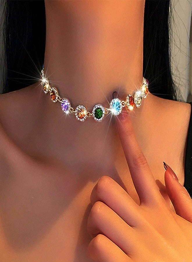 ACEDRE Colorful Crystal Choker Necklace Sparkly Rhinestone Chokers Necklaces Gold Chain Party Prom Neck Jewelry for Women (1-Colorful) - Image 2