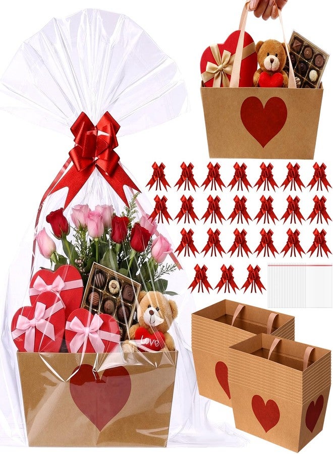 Funnymoom سلة هدايا على شكل قلب أحمر من Funnymoom، 24 قطعة، فارغة، مع مقبض، وحقيبة شفافة، وقوس، مثالية للمعلمين، وحفلات الزفاف، وحفلات أعياد الميلاد، وحفلات الزفاف، مقاس 9.8 × 6.5 × 4.3 بوصة. - Image 1