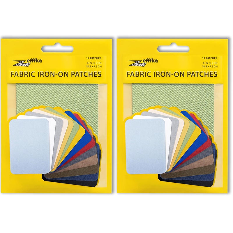 ZEFFFKA 2 Pack of Fabric Ironon Patches Inside Outside Strongest Glue 100 Cotton Blue Gray Beige Brown Yellow Red Green Repair Decorating Kit 14 Pieces Size 3 by 414 75 cm x 105 cm