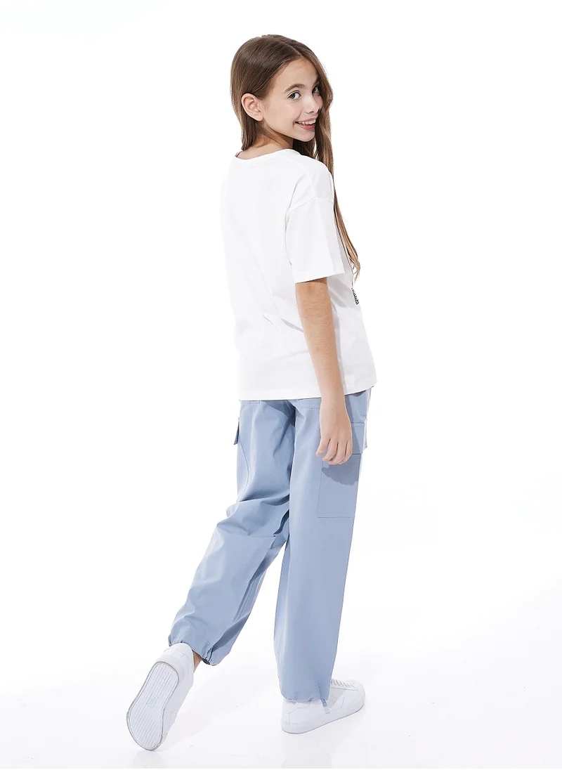 victor and jane Girls' Two-Piece T-Shirt and Cargo Pants Outfit (Offwhite/Blue, 6-12 YRS)