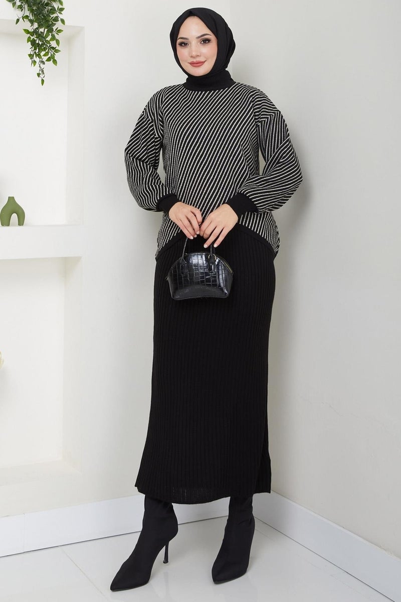 Hafsamina Horizontal Striped Sweater Vest Knitwear Set Black HM2591 - Image 2