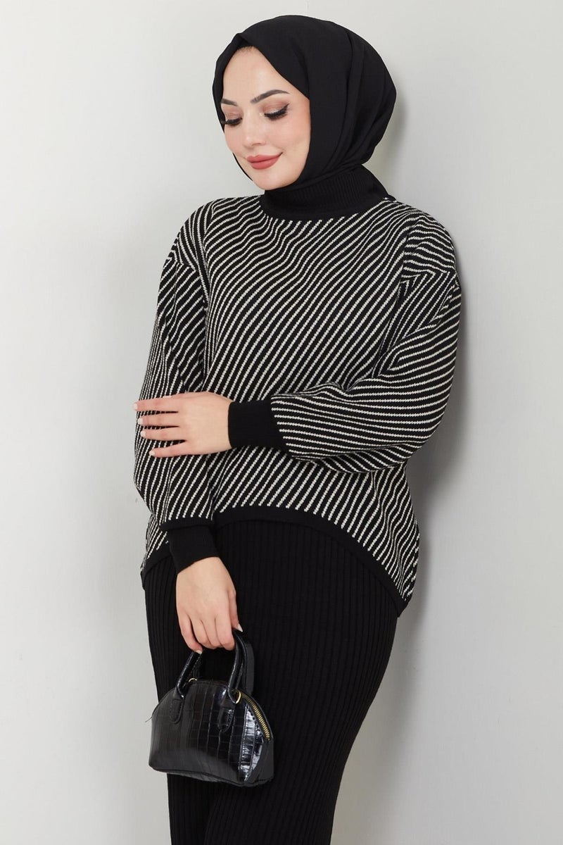 Hafsamina Horizontal Striped Sweater Vest Knitwear Set Black HM2591 - Image 4