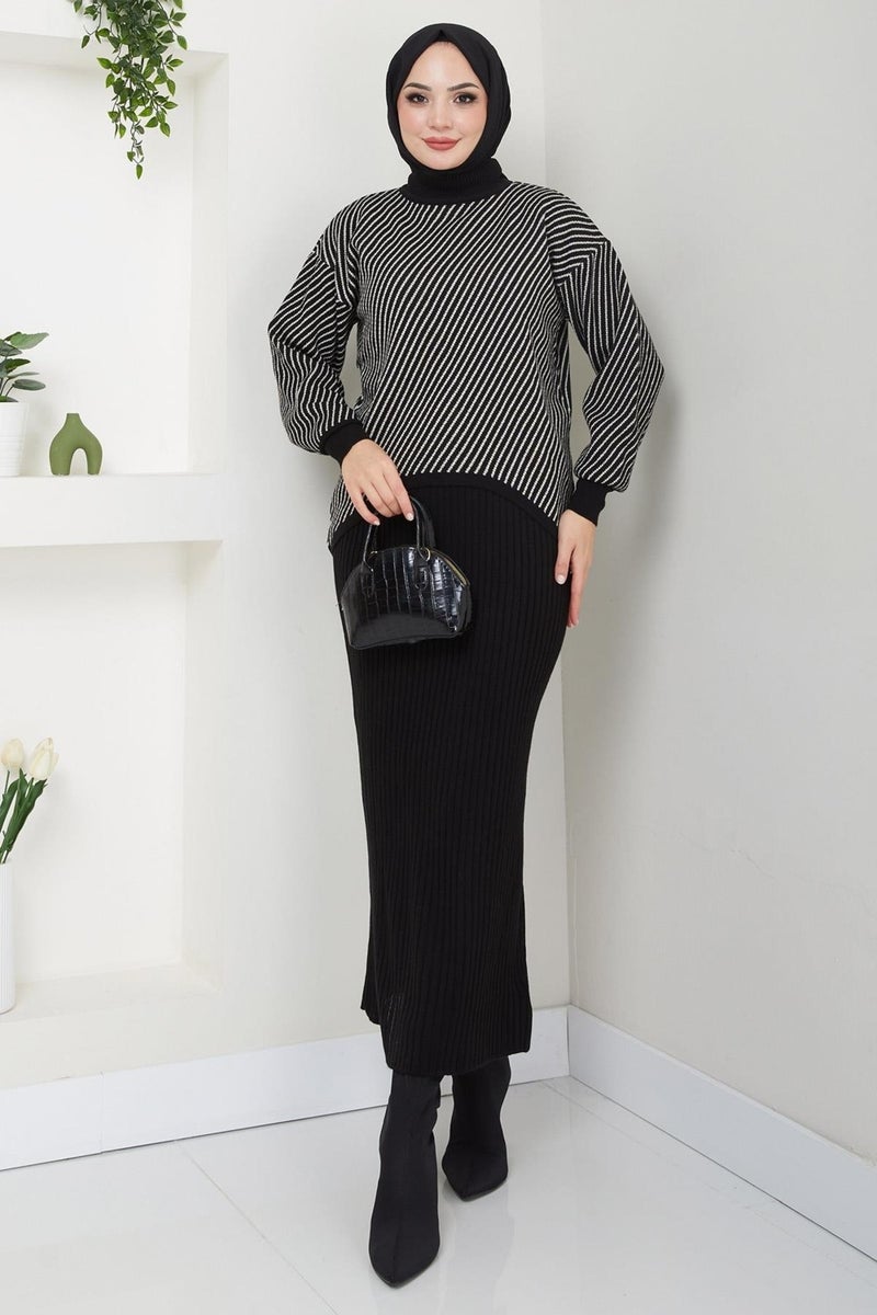 Hafsamina Horizontal Striped Sweater Vest Knitwear Set Black HM2591 - Image 1