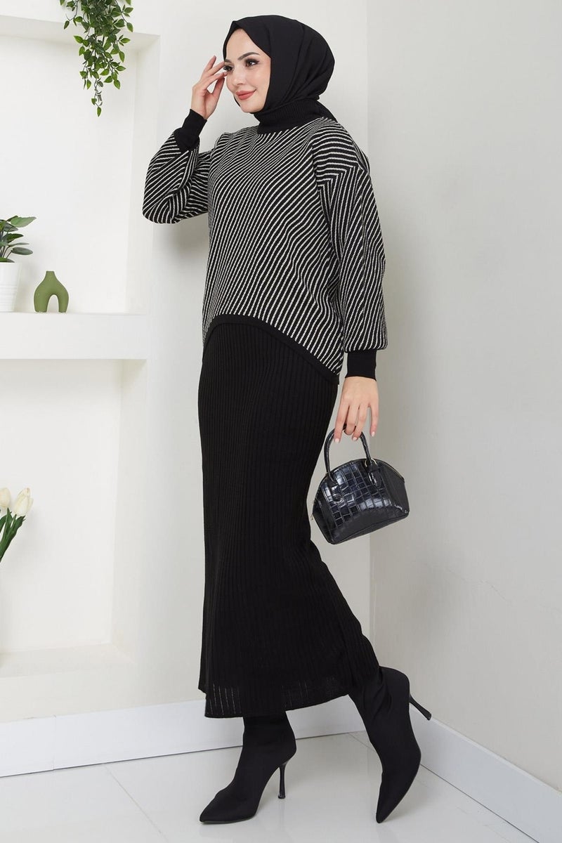 Hafsamina Horizontal Striped Sweater Vest Knitwear Set Black HM2591 - Image 3