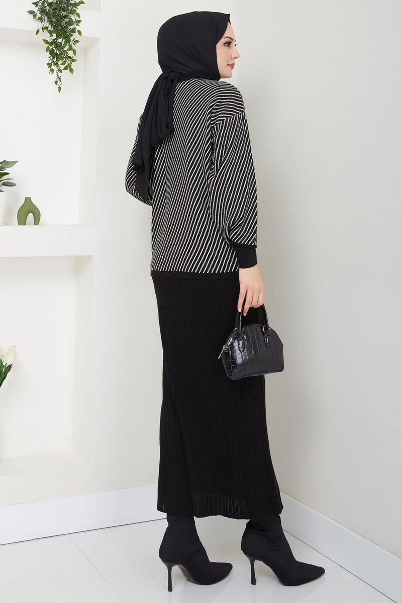 Hafsamina Horizontal Striped Sweater Vest Knitwear Set Black HM2591 - Image 5