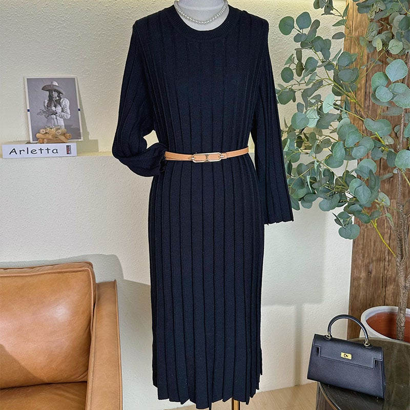Spring and Autumn Threaded Loose Waist Knitted Sweater Long Skirt New High Elastic Core-spun Yarn Yujie Style Round Neck Pullover dress Navy blue 