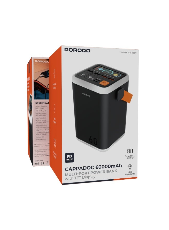 porodo Cappadoc 60000 mAh Multi Port Power Bank with TFT Display / PD 100W Fast Charging / LED Flashlight / Charge Devices at Same Time / Efficient Heat Dissipation / Built in Safeguard - Black - Image 3