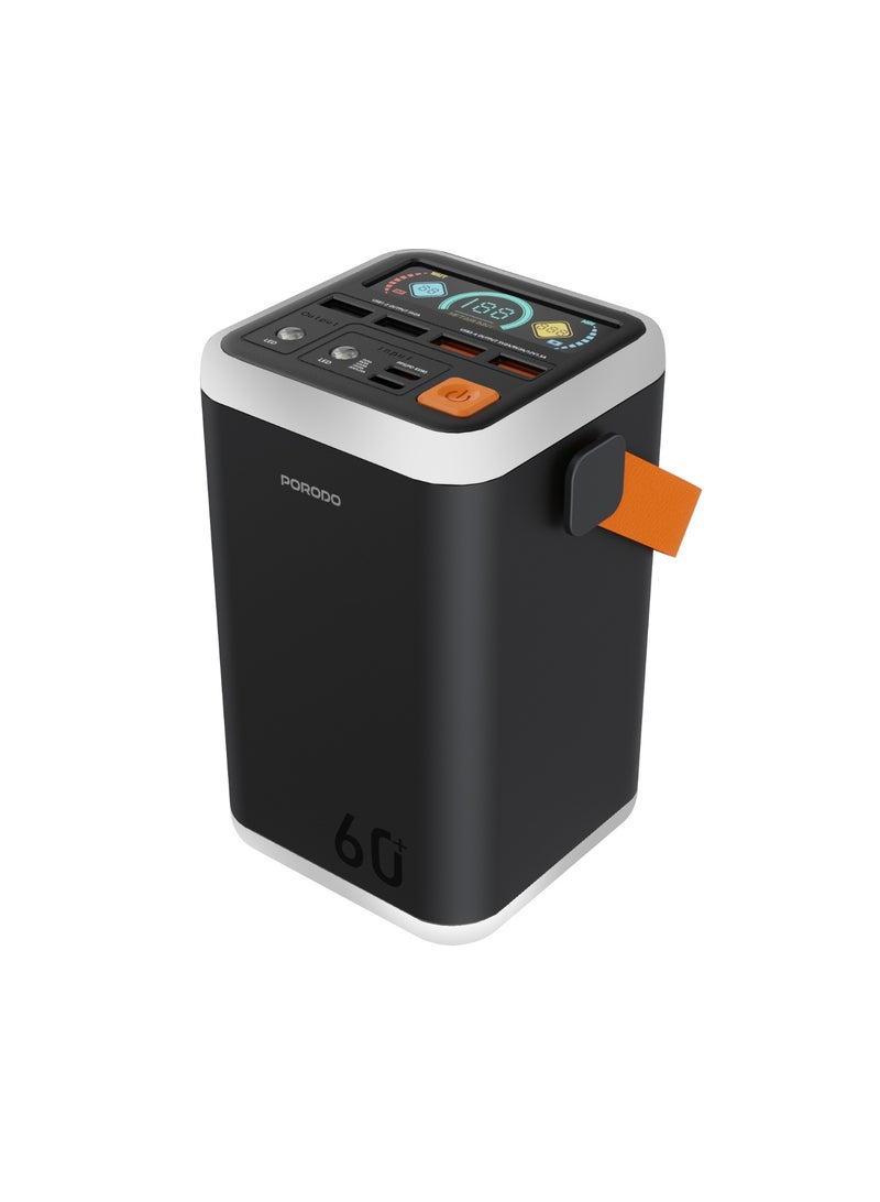 porodo Cappadoc 60000 mAh Multi Port Power Bank with TFT Display / PD 100W Fast Charging / LED Flashlight / Charge Devices at Same Time / Efficient Heat Dissipation / Built in Safeguard - Black - Image 1