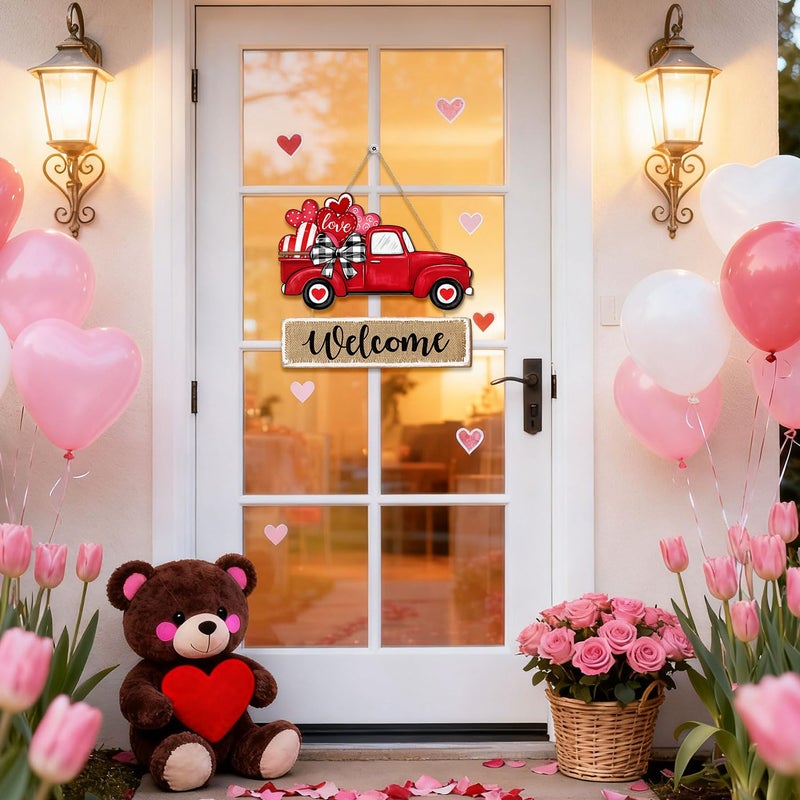 CIOEY Valentines Day Door Sign Decorations, Red Truck Heart Wooden Door Hanger, Valentines Hanging Wreath Welcome Wood Sign for Front Door, Home, Porch, Wall Decor Love Truck Style - Image 4