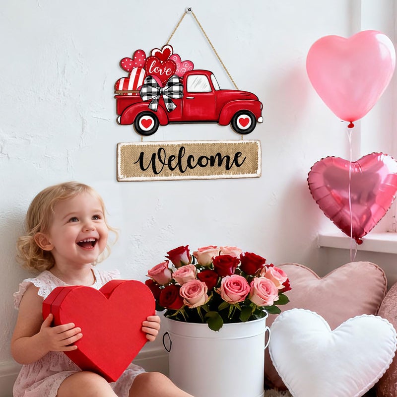 CIOEY Valentines Day Door Sign Decorations, Red Truck Heart Wooden Door Hanger, Valentines Hanging Wreath Welcome Wood Sign for Front Door, Home, Porch, Wall Decor Love Truck Style - Image 5