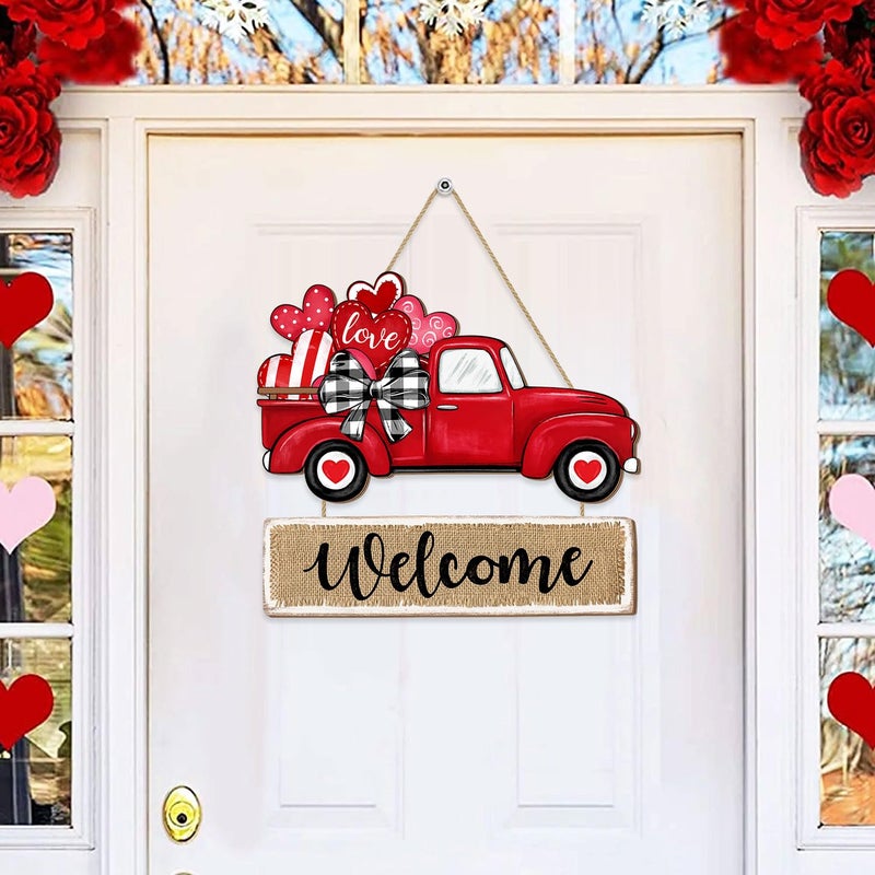 CIOEY Valentines Day Door Sign Decorations, Red Truck Heart Wooden Door Hanger, Valentines Hanging Wreath Welcome Wood Sign for Front Door, Home, Porch, Wall Decor Love Truck Style - Image 3