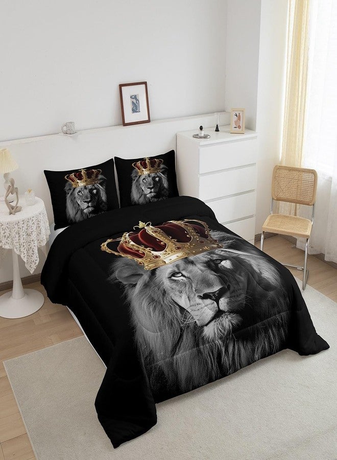 Homewish Wild Lion Comforter Set Queen Size,Golden King Crown 3D Wildlife Bedding Set for Women Adult,African Tropical Animal Print Black Luxury Bed Duvet Insert, 2 Pillowcases - Image 3