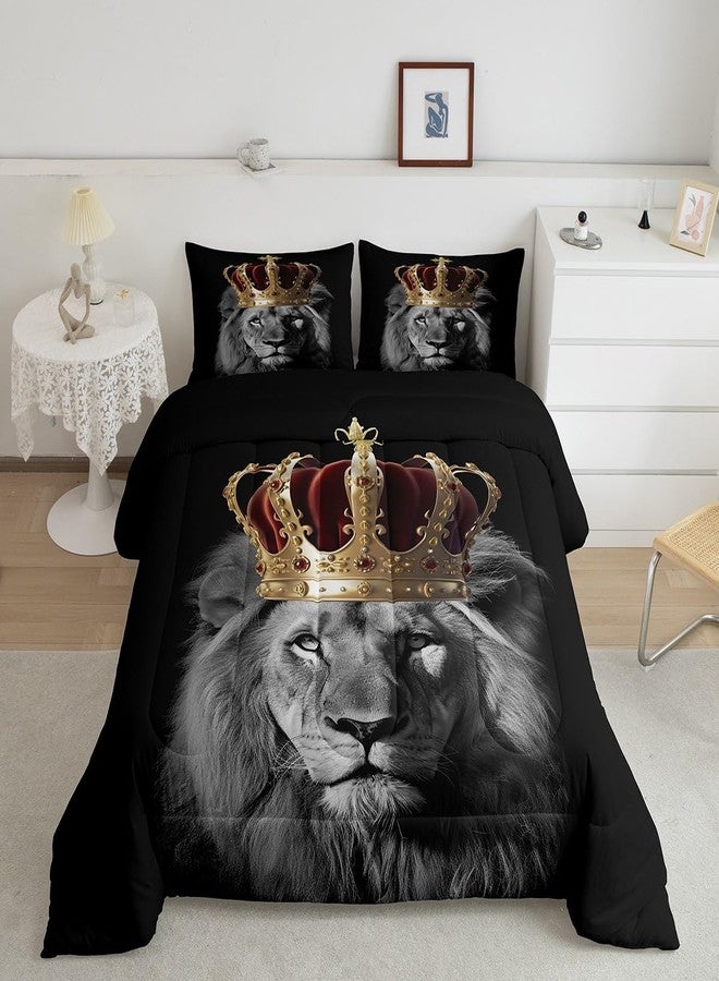 Homewish Wild Lion Comforter Set Queen Size,Golden King Crown 3D Wildlife Bedding Set for Women Adult,African Tropical Animal Print Black Luxury Bed Duvet Insert, 2 Pillowcases - Image 1