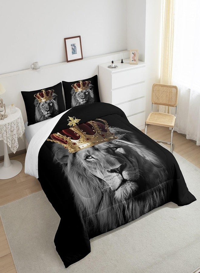 Homewish Wild Lion Comforter Set Queen Size,Golden King Crown 3D Wildlife Bedding Set for Women Adult,African Tropical Animal Print Black Luxury Bed Duvet Insert, 2 Pillowcases - Image 2