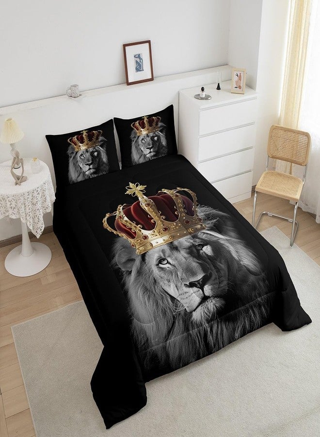 Homewish Wild Lion Comforter Set Queen Size,Golden King Crown 3D Wildlife Bedding Set for Women Adult,African Tropical Animal Print Black Luxury Bed Duvet Insert, 2 Pillowcases - Image 4