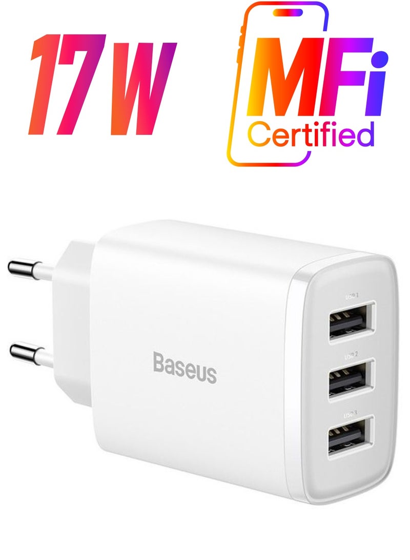بيسوس شاحن حائط USB-A، محول شاحن USB بثلاثة منافذ بقوة 17 وات لهاتف iPhone 14/13/12/11/Pro/Pro Max/Mini، iPad Pro، Samsung Galaxy S21، Google Pixel 6، قابس الاتحاد الأوروبي باللون الأبيض - Image 1
