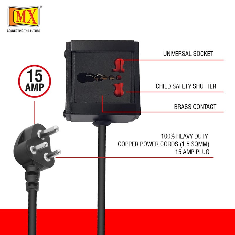 MX لوحة تمديد بمقبس واحد 16A محول مقبس 6A إلى 16A 2500W مقبس طاقة سلك طويل 1.5 متر ثقيل 3 دبابيس (0.75 مم مربع مع علامة ISI) غطاء أمان للأطفال (250 فولت) - Image 2