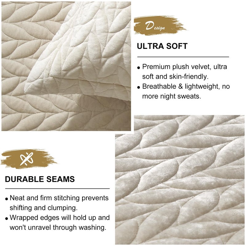 Ivellow Luxury Velvet Quilt Set Queen Size Bedding Sets Lightweight Ultra Soft Velvet Comforter Set Leaves Chevron Stitch Oversized Bedspread Coverlet 3 Pcs Full Bed Cover Sets for All Seasons Beige - Image 5