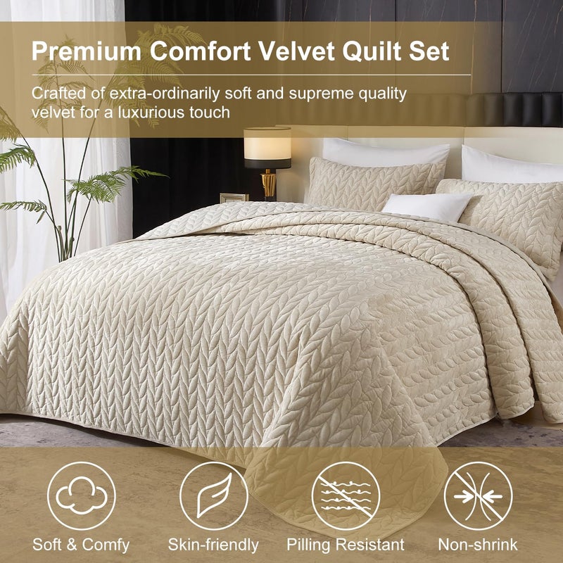 Ivellow Luxury Velvet Quilt Set Queen Size Bedding Sets Lightweight Ultra Soft Velvet Comforter Set Leaves Chevron Stitch Oversized Bedspread Coverlet 3 Pcs Full Bed Cover Sets for All Seasons Beige - Image 2