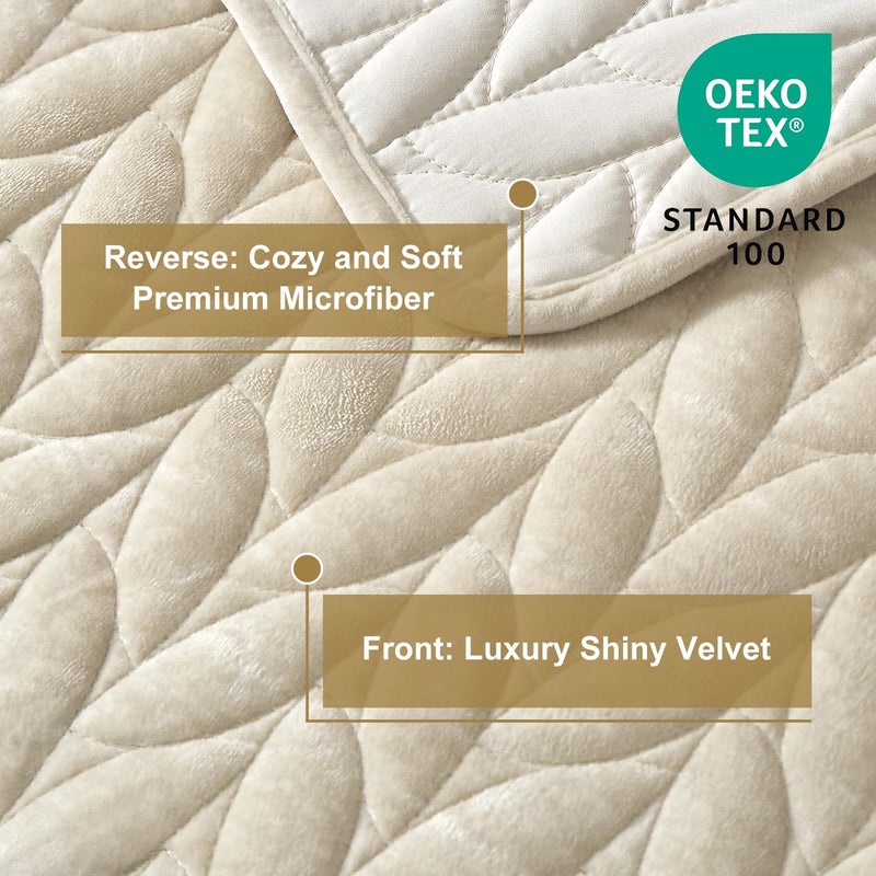 Ivellow Luxury Velvet Quilt Set Queen Size Bedding Sets Lightweight Ultra Soft Velvet Comforter Set Leaves Chevron Stitch Oversized Bedspread Coverlet 3 Pcs Full Bed Cover Sets for All Seasons Beige - Image 3
