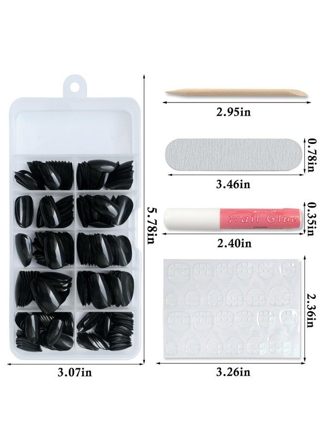 Short Press On Nails Almond Fake Nails Black 240 Round Almond Press On Nail Short Full Cover Acrylic Presson Nail Tips False Artificial Fingernails & Nail Glue Adhesive Tabs For Women Kids