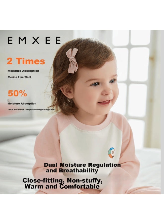 Emxee Wool Thermal Fleece Children's Warm Underwear Homewear Baby Pajama Set Ultra Soft Warm Clothes Cream Pink - Image 4