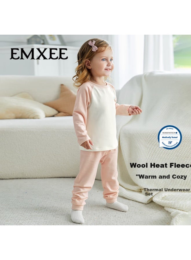 Emxee Wool Thermal Fleece Children's Warm Underwear Homewear Baby Pajama Set Ultra Soft Warm Clothes Cream Pink - Image 1