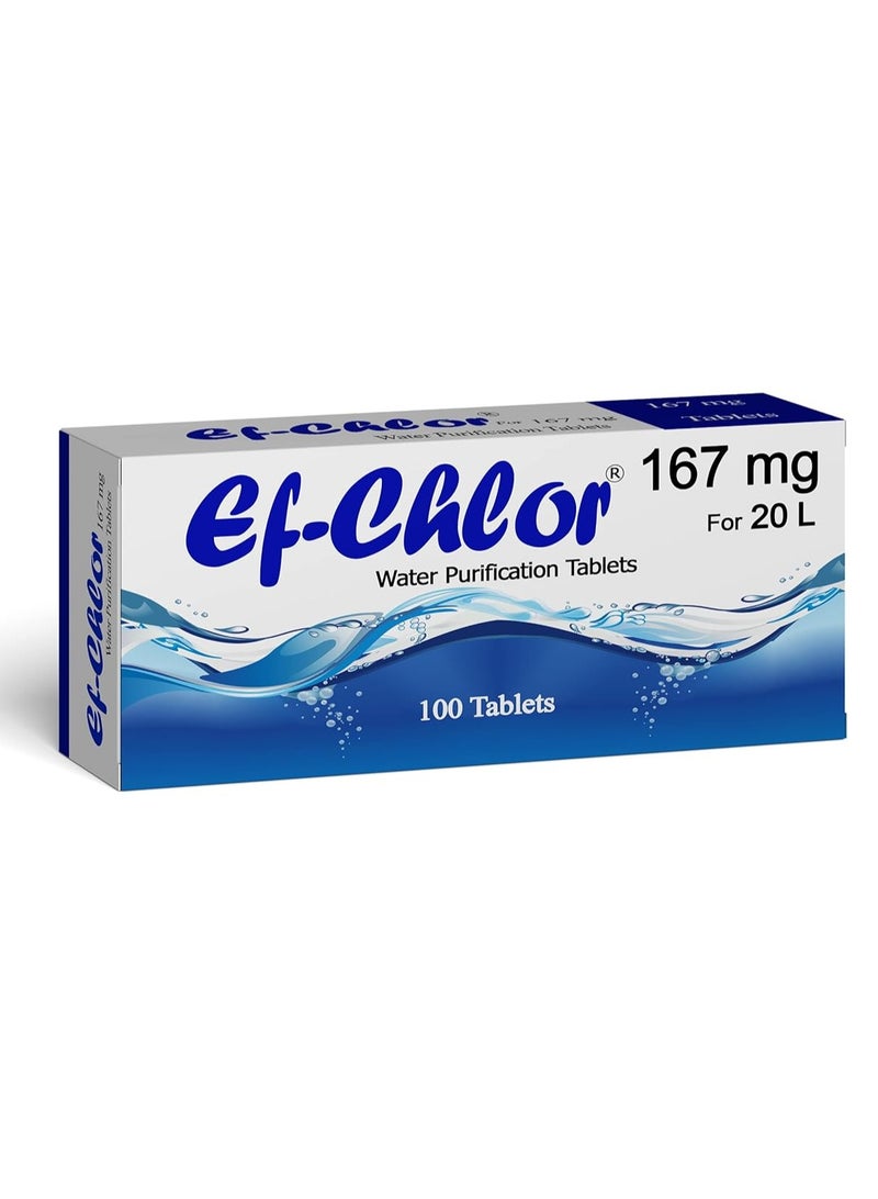 اي اف أقراص تنقية المياه Ef-Chlor بتركيز 167 ملغ - عبوة من 100 قرص NaDCC - فعال بسرعة ضد البكتيريا والفيروسات والجراثيم - ينقي 20 لترًا من مياه الشرب لكل قرص - Image 1