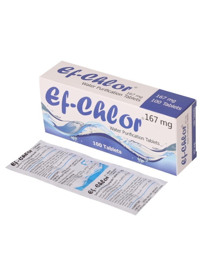 اي اف أقراص تنقية المياه Ef-Chlor بتركيز 167 ملغ - عبوة من 100 قرص NaDCC - فعال بسرعة ضد البكتيريا والفيروسات والجراثيم - ينقي 20 لترًا من مياه الشرب لكل قرص - Image 3