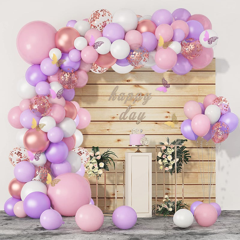 Excefore 121 Pcs Butterfly Birthday Party Decorations Set Rose Gold White Pink  Purple Balloons Arch Garland Kit Confetti Foil Balloons Banners for Girls - Image 1