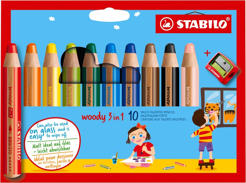 STABILO woody 3in1 MultiTalented Pencil Pack of 10 Assorted colors with Sharpener - Image 2