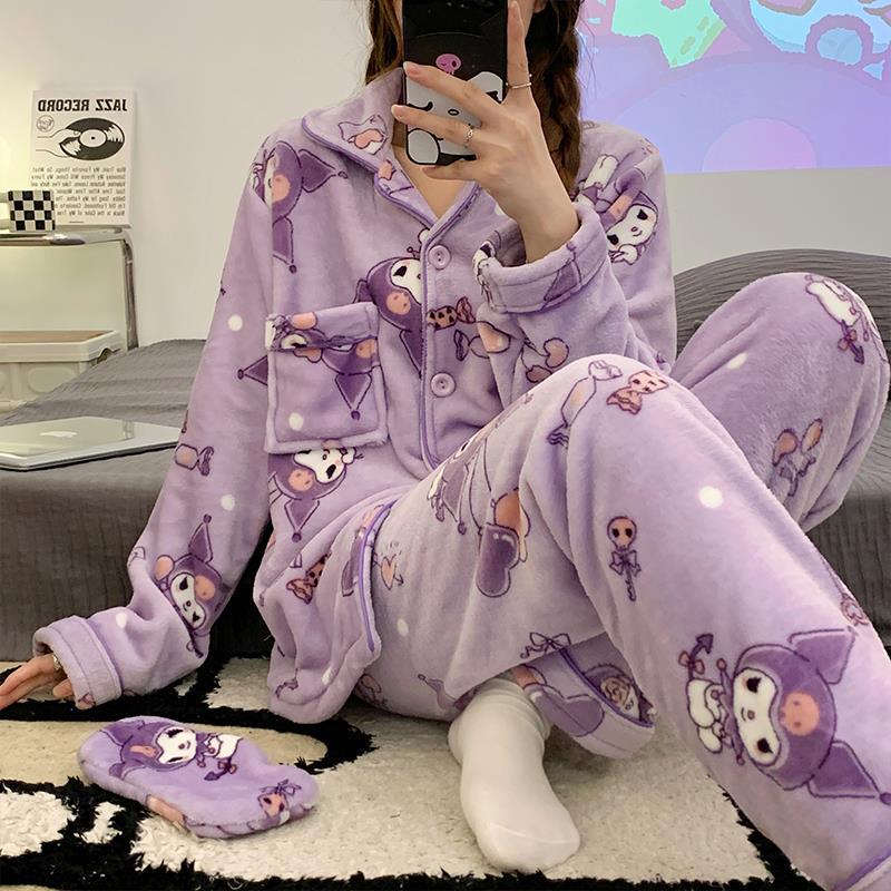Coral Fleece Pajamas Womens Cute Thickened Warm Home Suit S2222# kulomi-eye mask
