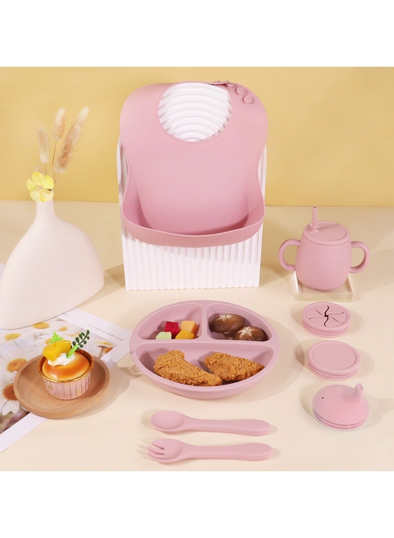 Children's Silicone Tableware Set Baby Food Tray Tableware (Tray + Saliva Pocket) Purple Two-Piece SetC - Image 2