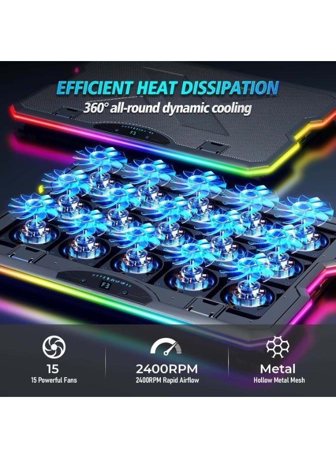 إثارة لوحة تبريد كمبيوتر محمول RGB، مبرد كمبيوتر محمول للألعاب، حامل تبريد بمروحة كمبيوتر محمول مع 15 مروحة تبريد هادئة لأجهزة الكمبيوتر المحمولة مقاس 12.1-17.3 بوصة، حامل 7 ارتفاعات، مصابيح LED وشاشة LCD، منفذي USB، للاستخدام على مكتب الكمبيوتر المحمول، أسود - Image 2