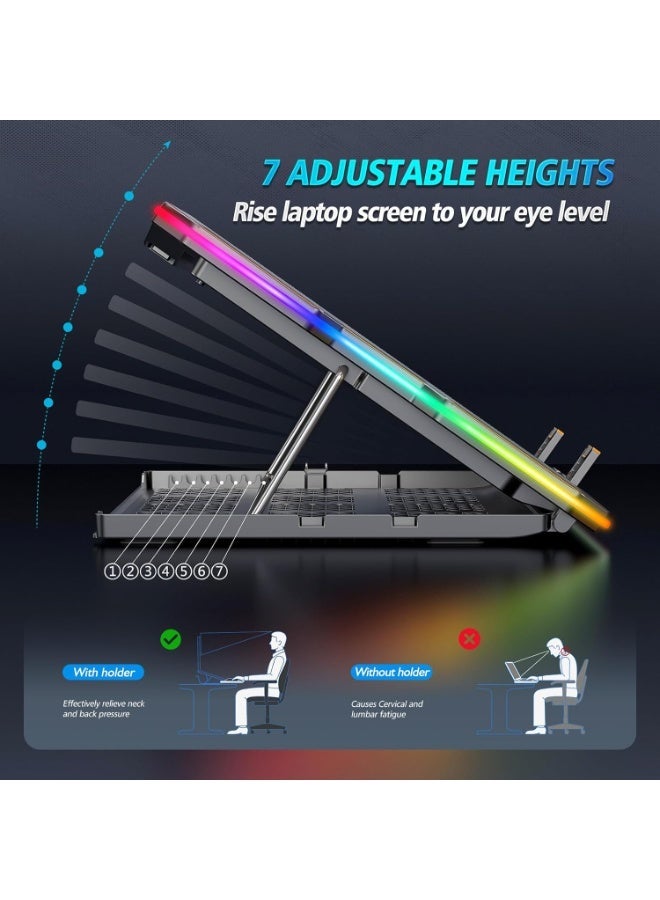 إثارة لوحة تبريد كمبيوتر محمول RGB، مبرد كمبيوتر محمول للألعاب، حامل تبريد بمروحة كمبيوتر محمول مع 15 مروحة تبريد هادئة لأجهزة الكمبيوتر المحمولة مقاس 12.1-17.3 بوصة، حامل 7 ارتفاعات، مصابيح LED وشاشة LCD، منفذي USB، للاستخدام على مكتب الكمبيوتر المحمول، أسود - Image 4