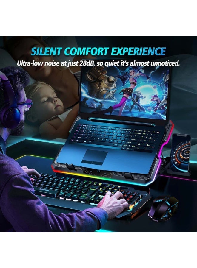 إثارة لوحة تبريد كمبيوتر محمول RGB، مبرد كمبيوتر محمول للألعاب، حامل تبريد بمروحة كمبيوتر محمول مع 15 مروحة تبريد هادئة لأجهزة الكمبيوتر المحمولة مقاس 12.1-17.3 بوصة، حامل 7 ارتفاعات، مصابيح LED وشاشة LCD، منفذي USB، للاستخدام على مكتب الكمبيوتر المحمول، أسود - Image 3