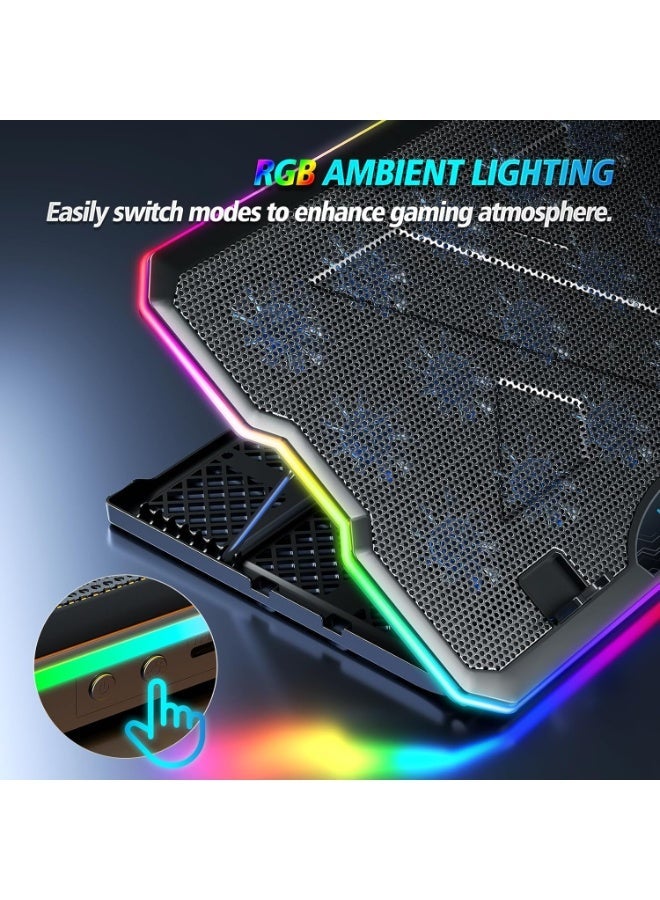 إثارة لوحة تبريد كمبيوتر محمول RGB، مبرد كمبيوتر محمول للألعاب، حامل تبريد بمروحة كمبيوتر محمول مع 15 مروحة تبريد هادئة لأجهزة الكمبيوتر المحمولة مقاس 12.1-17.3 بوصة، حامل 7 ارتفاعات، مصابيح LED وشاشة LCD، منفذي USB، للاستخدام على مكتب الكمبيوتر المحمول، أسود - Image 5