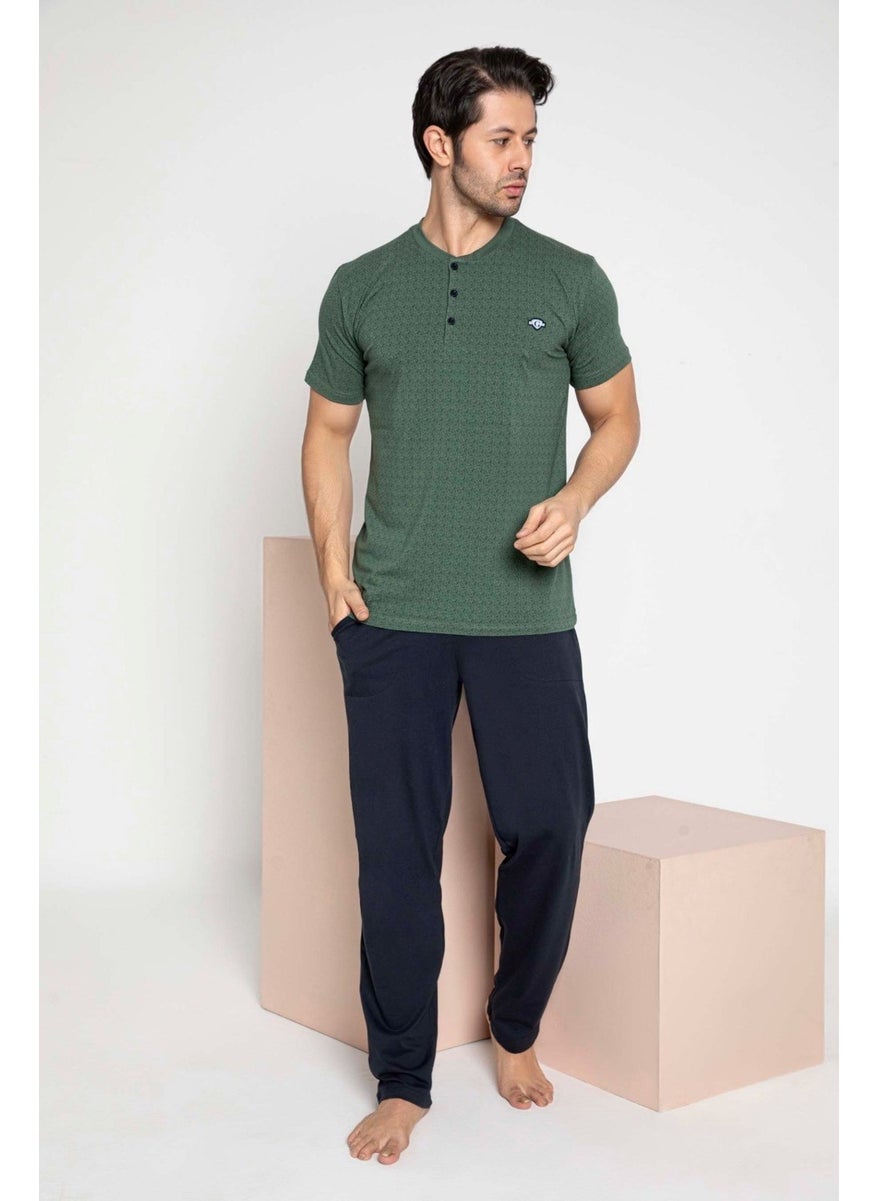Bie's Men's Plaid Pattern 3 Buttoned Crew Neck Wrist Cuff Modal Seasonal Long Sleeve Pocket Pajama Set  - Image 1
