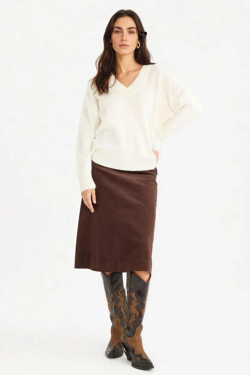 ديفاكتو Regular Fit Velvet Normal Waist Midi Skirt