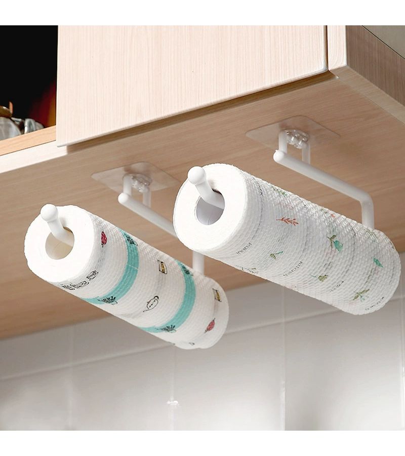 White 2pcs No Drill Wall Mount Paper Towel Holder Kitchen Bathroom Storage Rack - Image 2