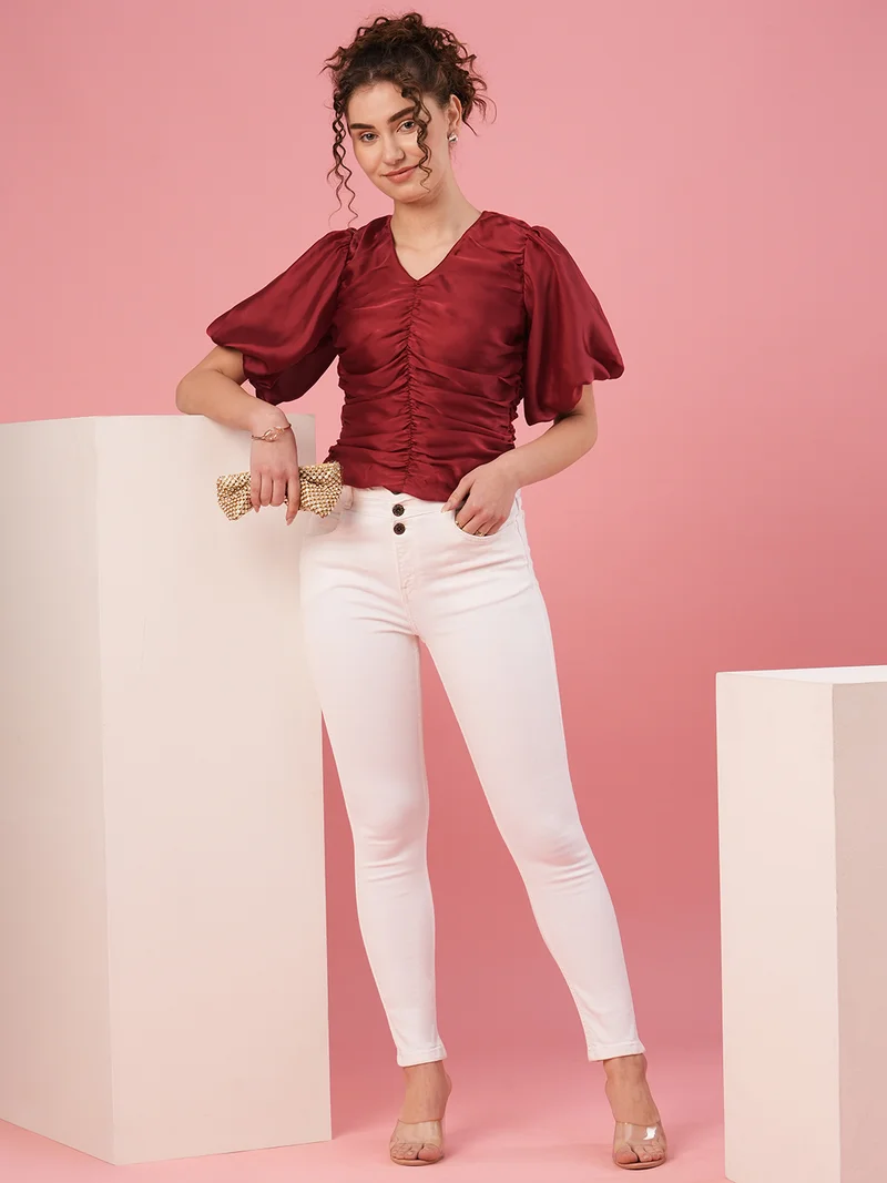 globus Women Flared Sleeve Puff Sleeves Smocking Top