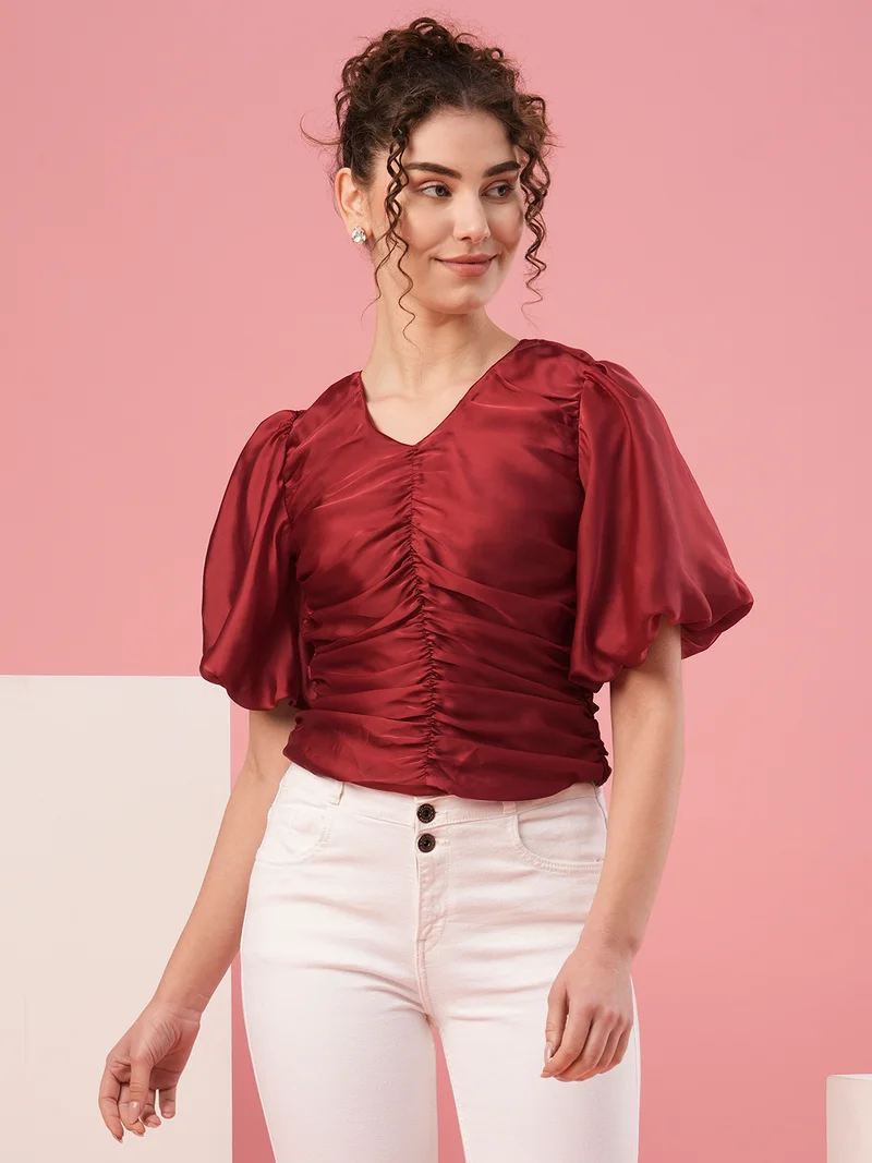 globus Women Flared Sleeve Puff Sleeves Smocking Top