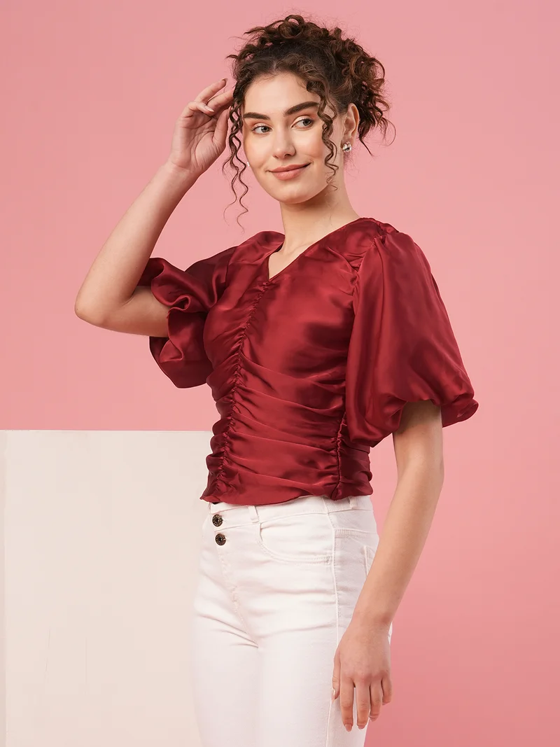 globus Women Flared Sleeve Puff Sleeves Smocking Top