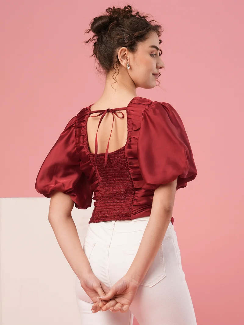 globus Women Flared Sleeve Puff Sleeves Smocking Top