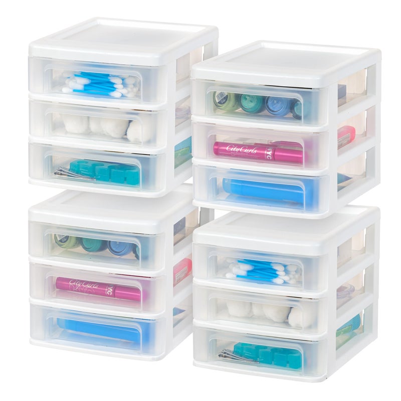 IRIS USA Plastic Stacking Desk Top 3-Drawer Storage Organizer, 4-Pack, for Makep Vanity Nail Polish Bathroom Stationery Art Craft Supplies Kitchen Office Garage and Small Organization, Small, White - Image 1