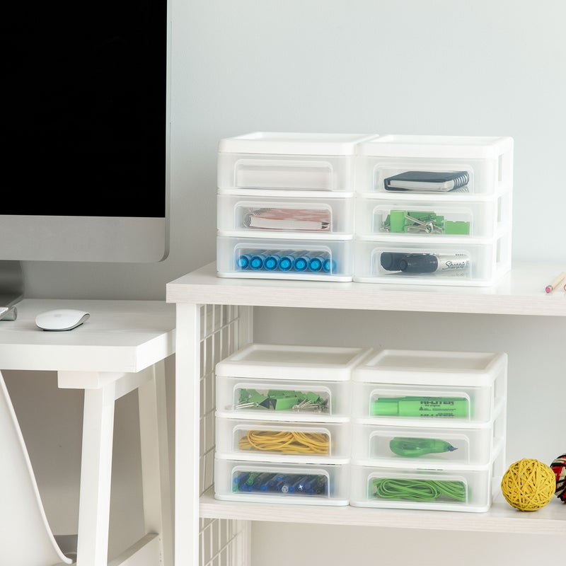 IRIS USA Plastic Stacking Desk Top 3-Drawer Storage Organizer, 4-Pack, for Makep Vanity Nail Polish Bathroom Stationery Art Craft Supplies Kitchen Office Garage and Small Organization, Small, White - Image 5