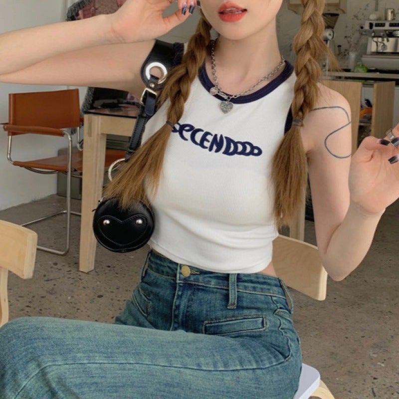 Dopamine Small Vest Girl American Letter Outer Wear Inner Contrast Color Edge Slim-Fit Short Sleeveless Thin Vest - Image 1