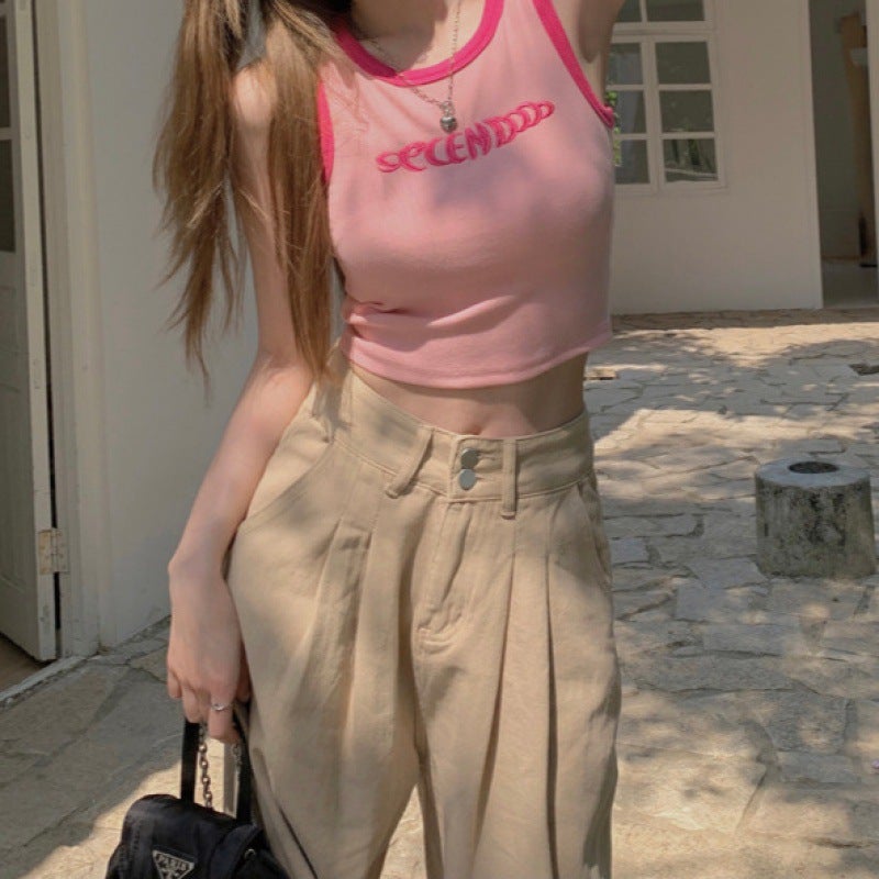 Dopamine Small Vest Girl American Letter Outer Wear Inner Contrast Color Edge Slim-Fit Short Sleeveless Thin Vest - Image 3