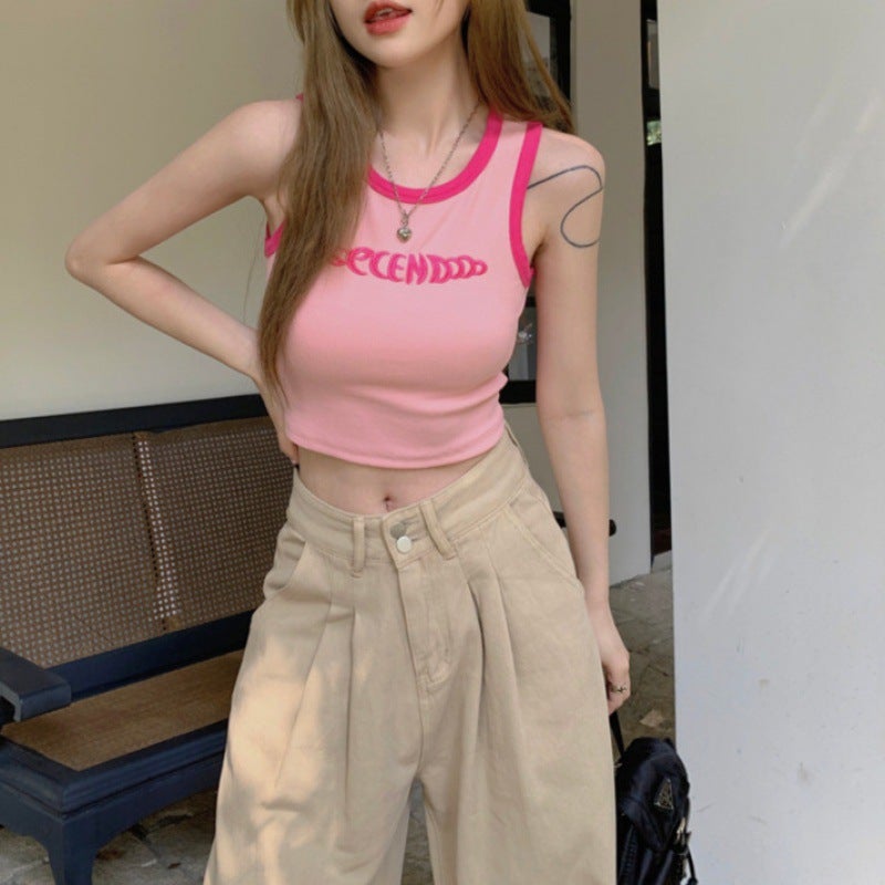Dopamine Small Vest Girl American Letter Outer Wear Inner Contrast Color Edge Slim-Fit Short Sleeveless Thin Vest - Image 2